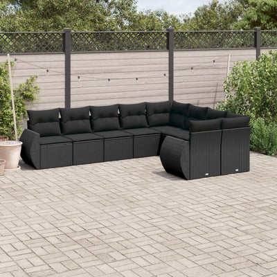 9 Piece Garden Sofa Set with Cushions Black Poly Rattan