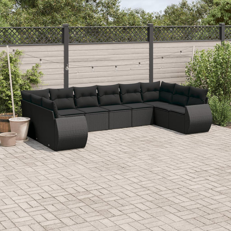 10 Piece Garden Sofa Set with Cushions Black Poly Rattan