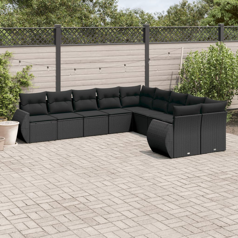 10 Piece Garden Sofa Set with Cushions Black Poly Rattan