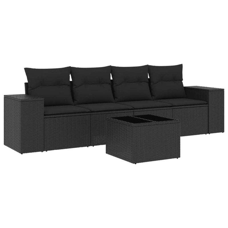 5 Piece Garden Sofa Set with Cushions Black Poly Rattan