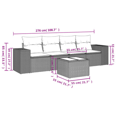 5 Piece Garden Sofa Set with Cushions Black Poly Rattan