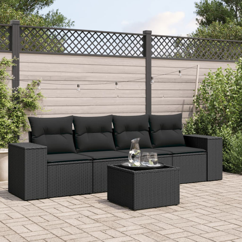 5 Piece Garden Sofa Set with Cushions Black Poly Rattan