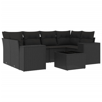 7 Piece Garden Sofa Set with Cushions Black Poly Rattan