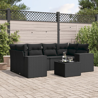 7 Piece Garden Sofa Set with Cushions Black Poly Rattan