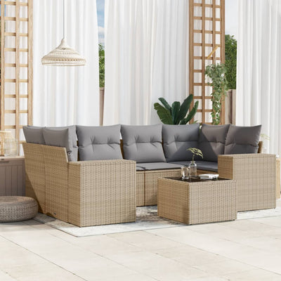 7 Piece Garden Sofa Set with Cushions Beige Poly Rattan