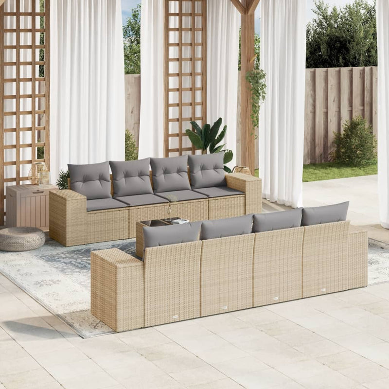 9 Piece Garden Sofa Set with Cushions Beige Poly Rattan