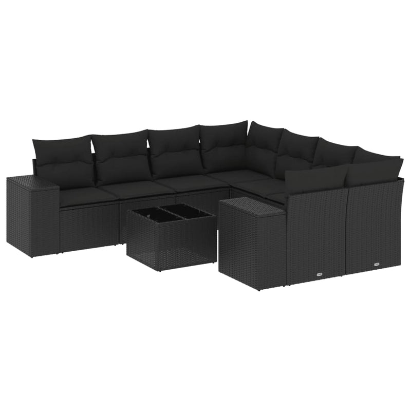 9 Piece Garden Sofa Set with Cushions Black Poly Rattan