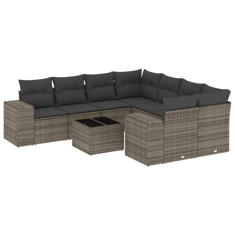 9 Piece Garden Sofa Set with Cushions Grey Poly Rattan