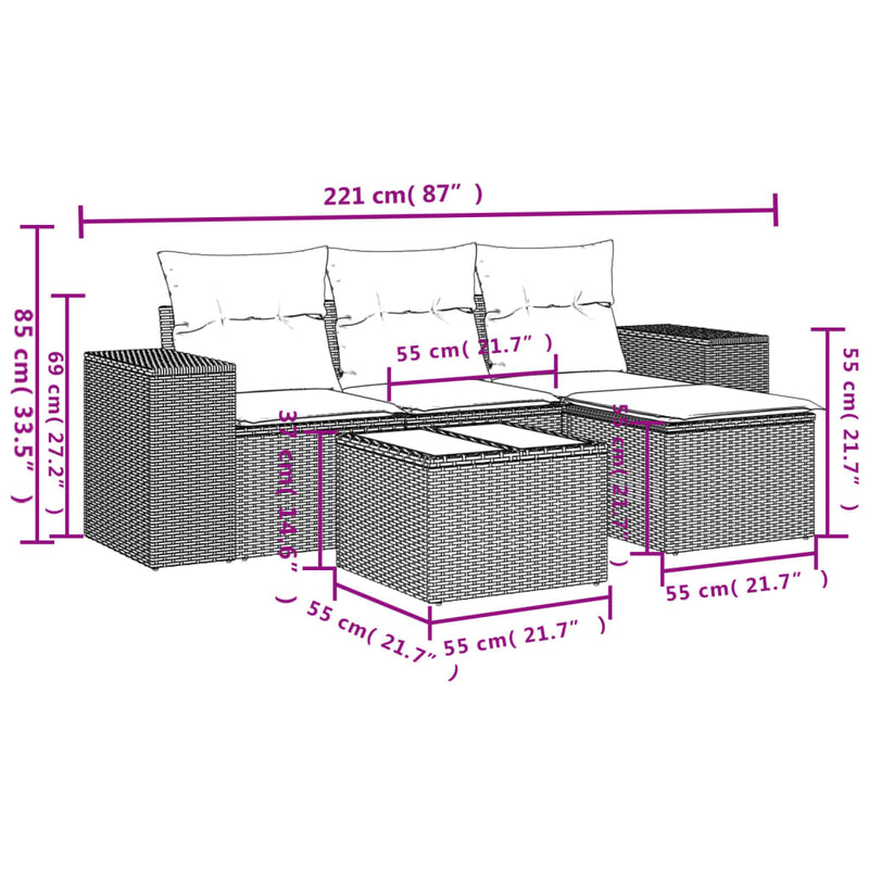 5 Piece Garden Sofa Set with Cushions Grey Poly Rattan