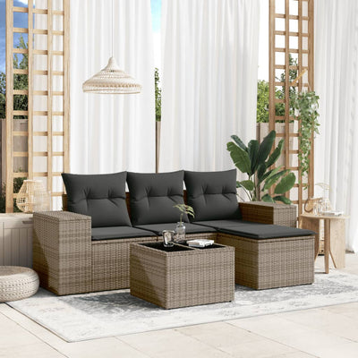 5 Piece Garden Sofa Set with Cushions Grey Poly Rattan