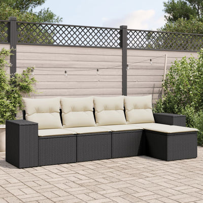 5 Piece Garden Sofa Set with Cushions Black Poly Rattan