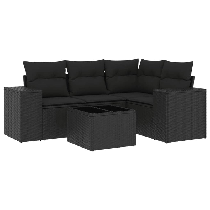 5 Piece Garden Sofa Set with Cushions Black Poly Rattan