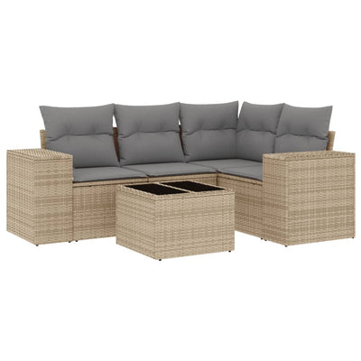 5 Piece Garden Sofa Set with Cushions Beige Poly Rattan