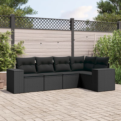 5 Piece Garden Sofa Set with Cushions Black Poly Rattan