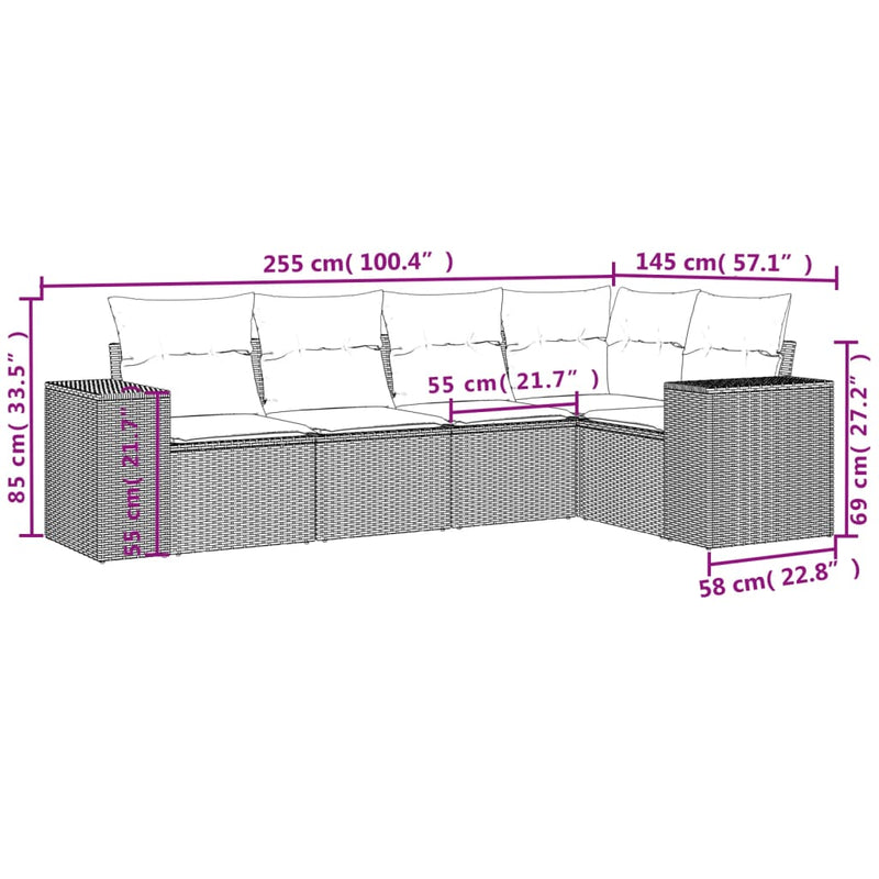 5 Piece Garden Sofa Set with Cushions Grey Poly Rattan