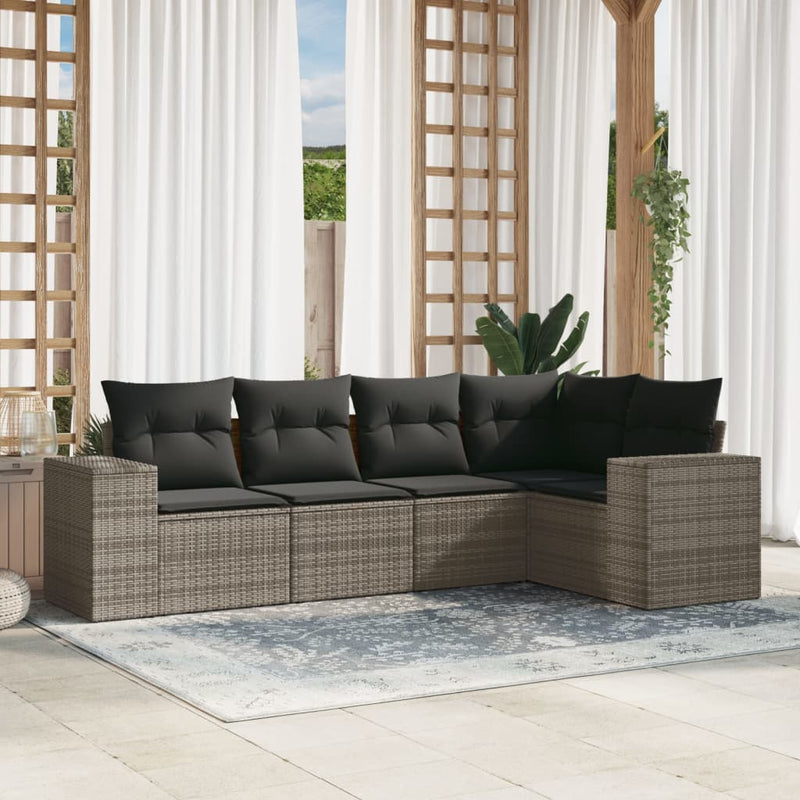 5 Piece Garden Sofa Set with Cushions Grey Poly Rattan