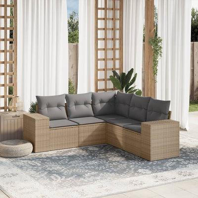 5 Piece Garden Sofa Set with Cushions Beige Poly Rattan