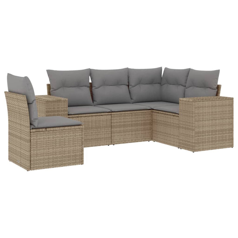 5 Piece Garden Sofa Set with Cushions Beige Poly Rattan