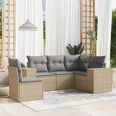 5 Piece Garden Sofa Set with Cushions Beige Poly Rattan