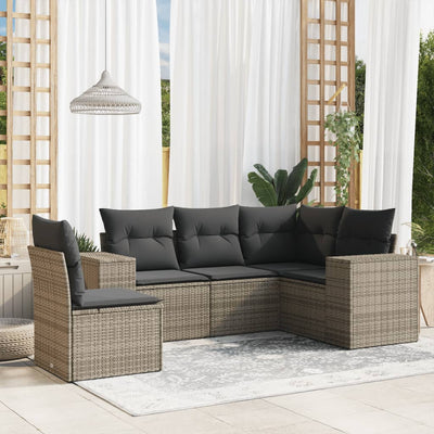 5 Piece Garden Sofa Set with Cushions Grey Poly Rattan