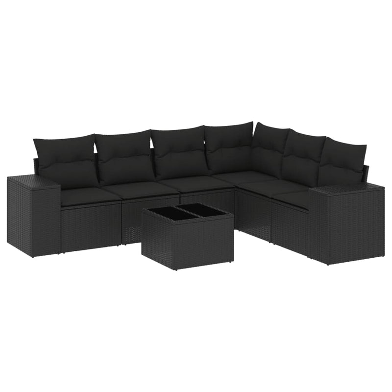 7 Piece Garden Sofa Set with Cushions Black Poly Rattan