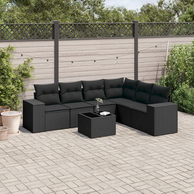 7 Piece Garden Sofa Set with Cushions Black Poly Rattan