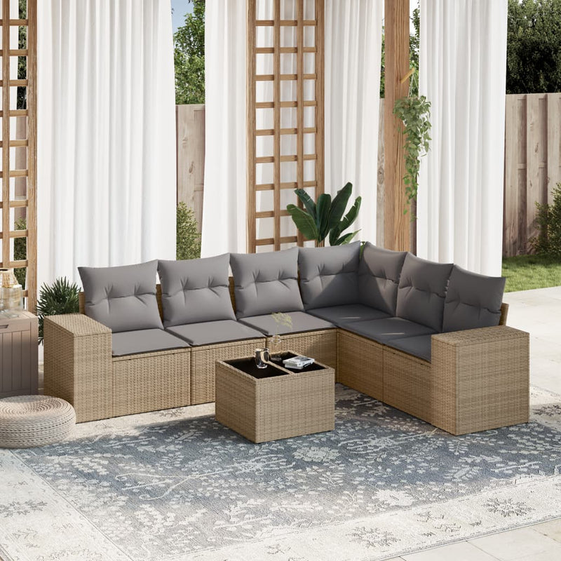 7 Piece Garden Sofa Set with Cushions Beige Poly Rattan