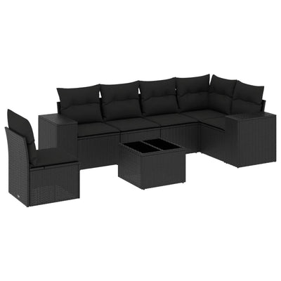 7 Piece Garden Sofa Set with Cushions Black Poly Rattan