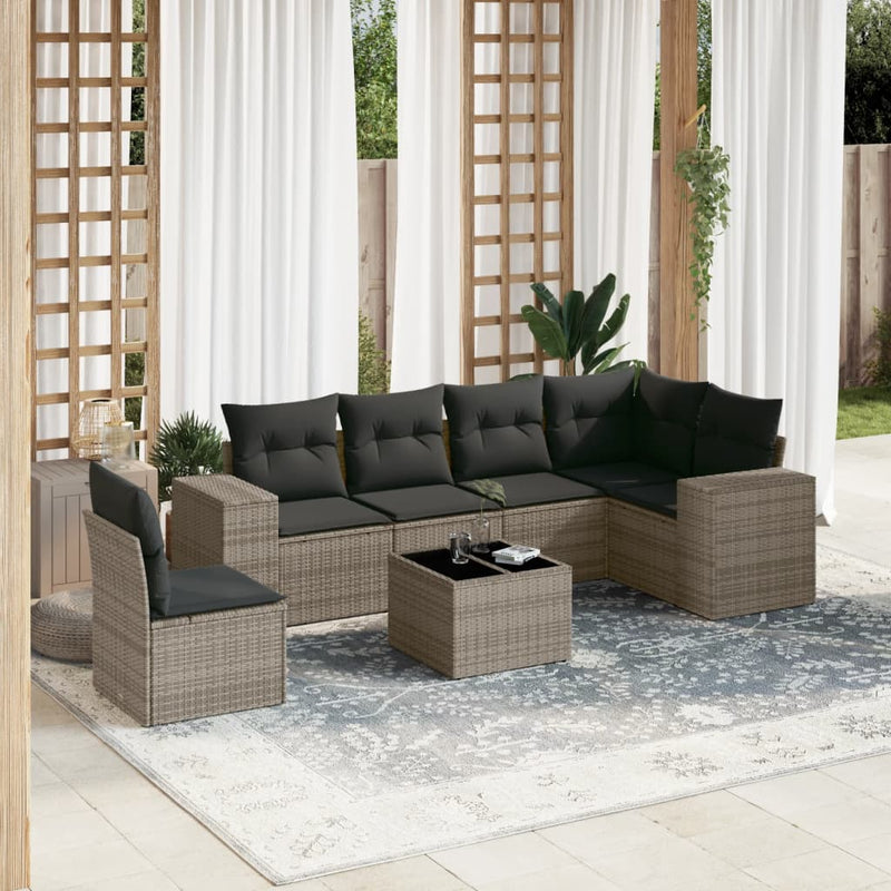 7 Piece Garden Sofa Set with Cushions Grey Poly Rattan