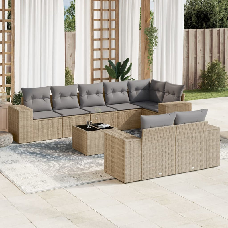 9 Piece Garden Sofa Set with Cushions Beige Poly Rattan