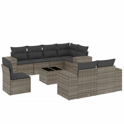 9 Piece Garden Sofa Set with Cushions Grey Poly Rattan