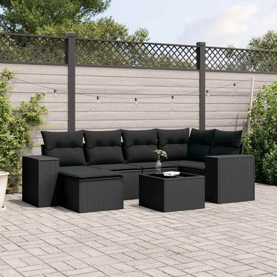 7 Piece Garden Sofa Set with Cushions Black Poly Rattan