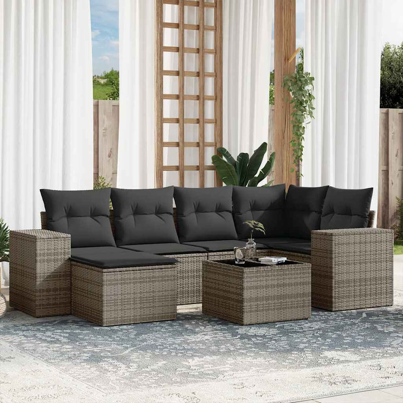 7 Piece Garden Sofa Set with Cushions Grey Poly Rattan