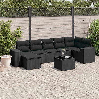 8 Piece Garden Sofa Set with Cushions Black Poly Rattan