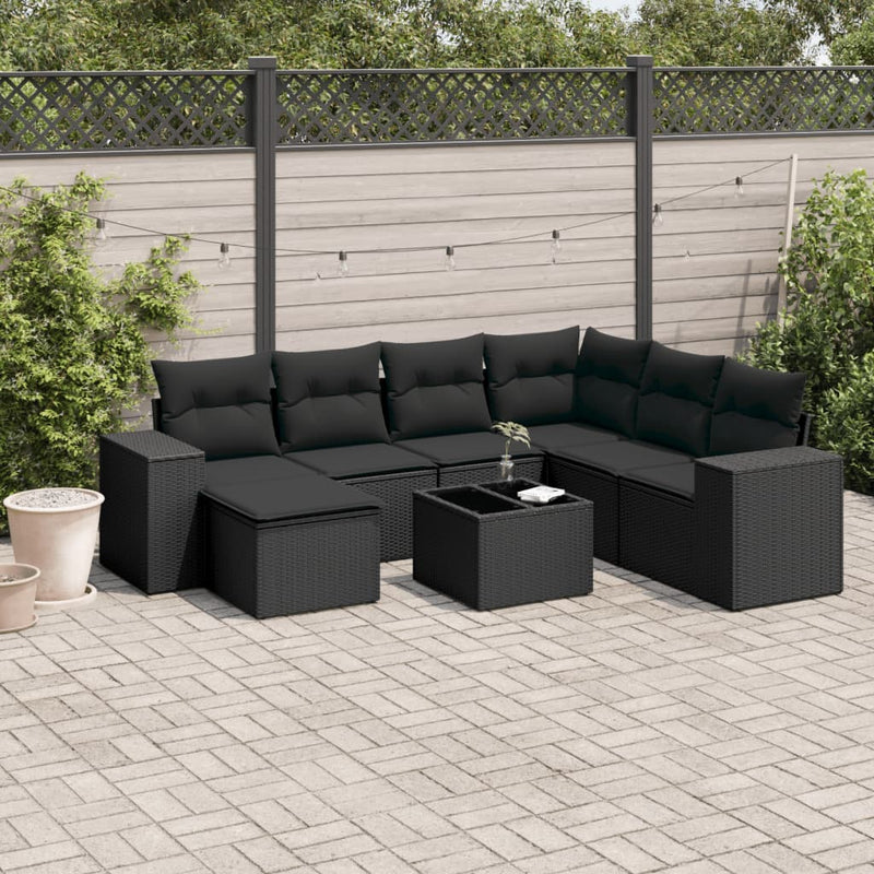 8 Piece Garden Sofa Set with Cushions Black Poly Rattan