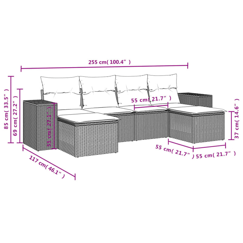 6 Piece Garden Sofa Set with Cushions Grey Poly Rattan