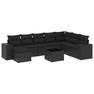 9 Piece Garden Sofa Set with Cushions Black Poly Rattan