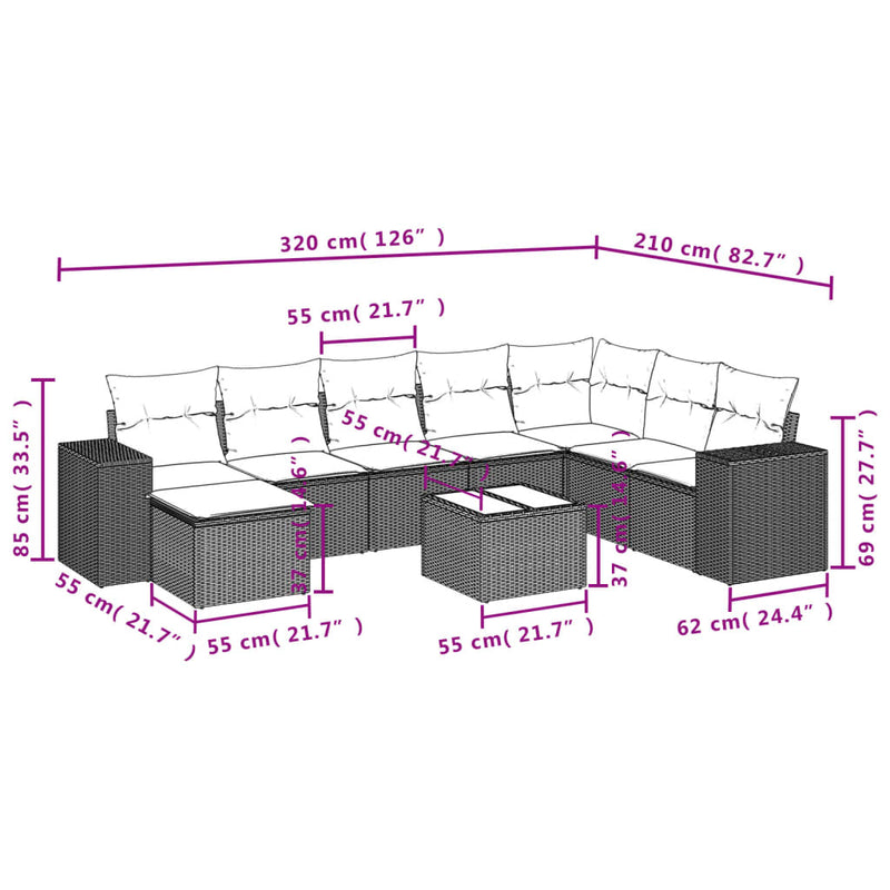 9 Piece Garden Sofa Set with Cushions Grey Poly Rattan