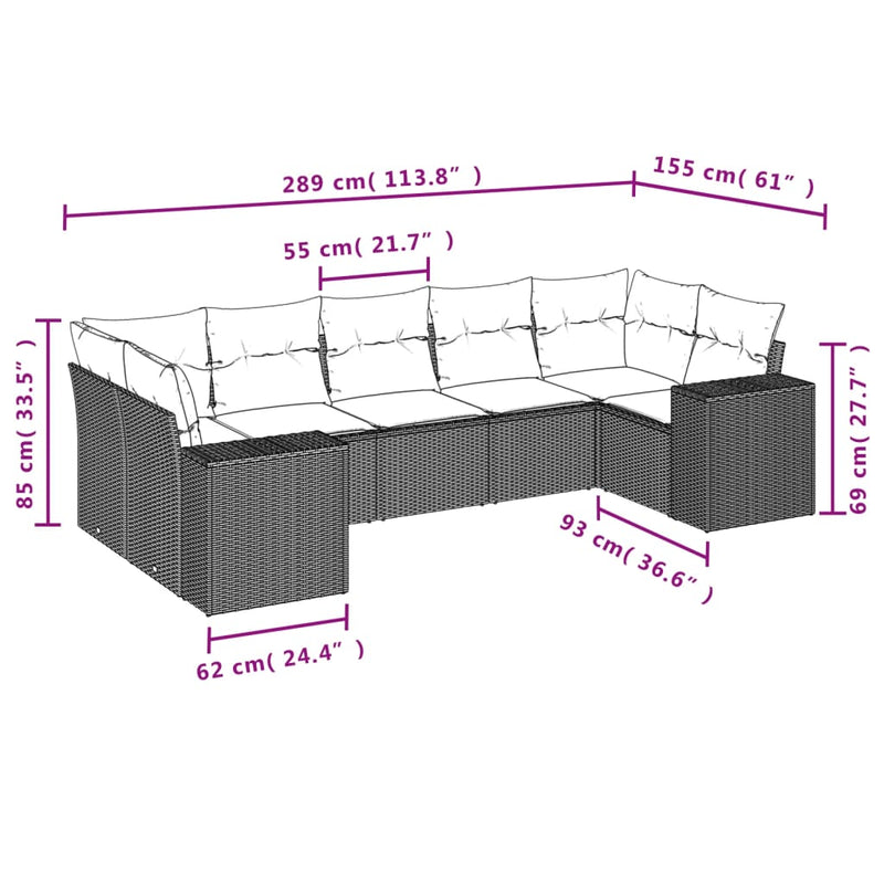 7 Piece Garden Sofa Set with Cushions Grey Poly Rattan