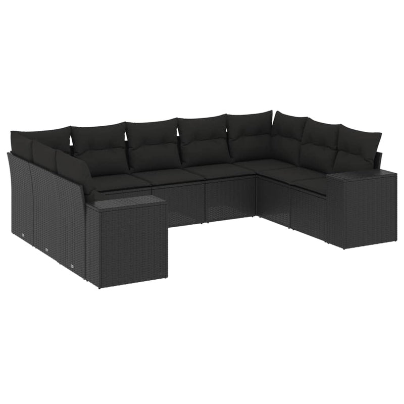 9 Piece Garden Sofa Set with Cushions Black Poly Rattan