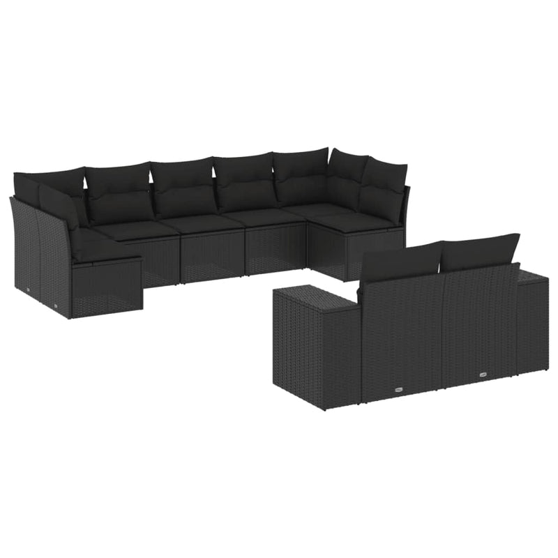 9 Piece Garden Sofa Set with Cushions Black Poly Rattan