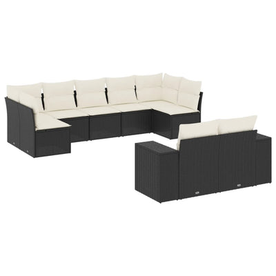 9 Piece Garden Sofa Set with Cushions Black Poly Rattan