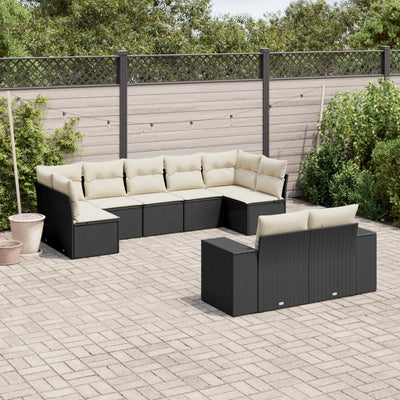 9 Piece Garden Sofa Set with Cushions Black Poly Rattan