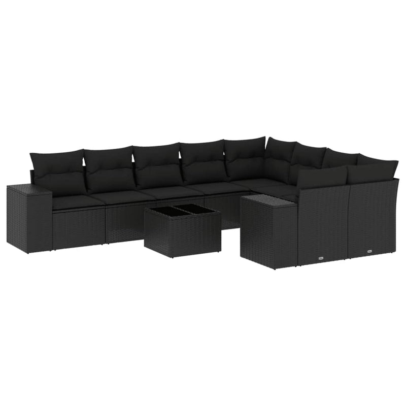 10 Piece Garden Sofa Set with Cushions Black Poly Rattan