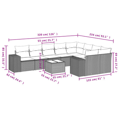 10 Piece Garden Sofa Set with Cushions Grey Poly Rattan