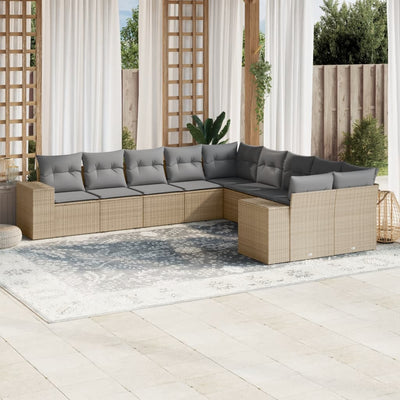 10 Piece Garden Sofa Set with Cushions Beige Poly Rattan