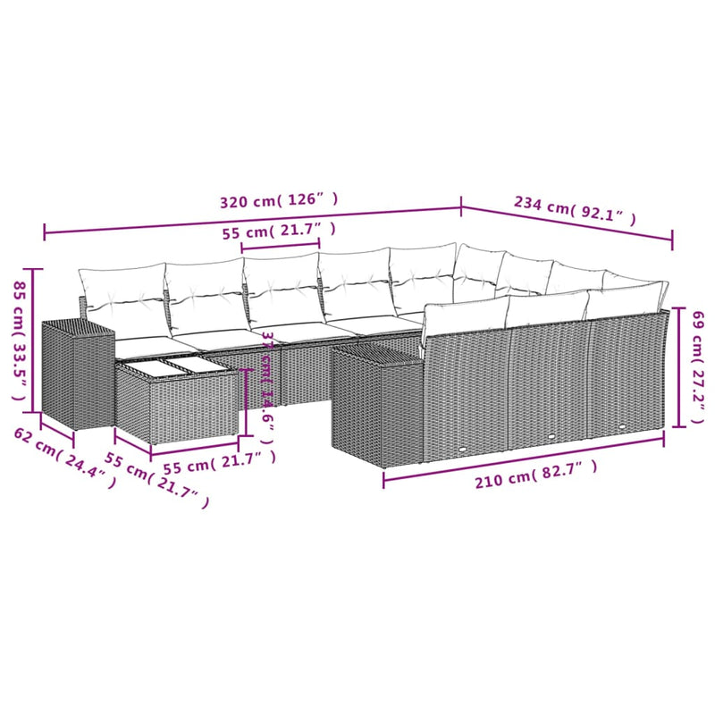 11 Piece Garden Sofa Set with Cushions Grey Poly Rattan