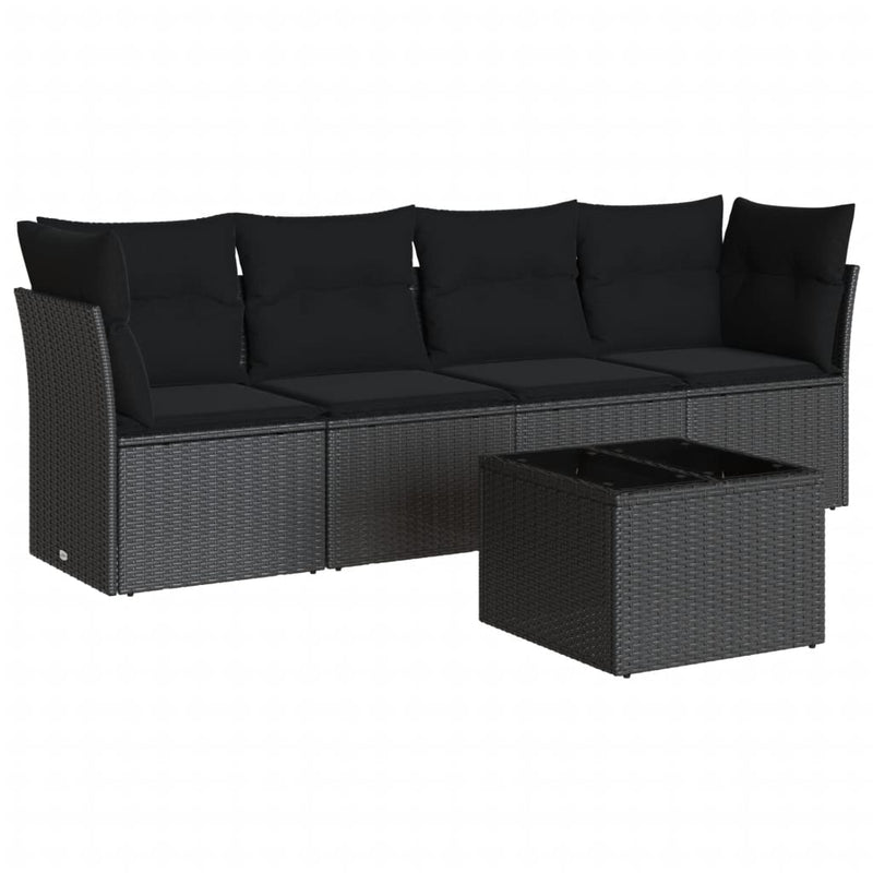 5 Piece Garden Sofa Set with Cushions Black Poly Rattan