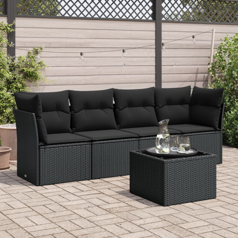 5 Piece Garden Sofa Set with Cushions Black Poly Rattan