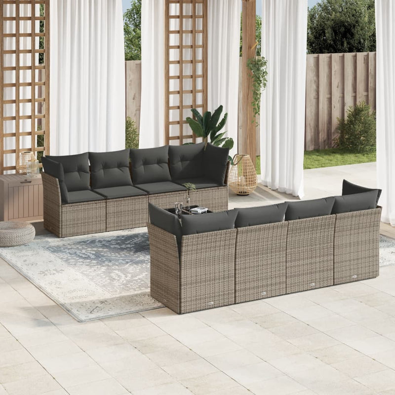 9 Piece Garden Sofa Set with Cushions Grey Poly Rattan